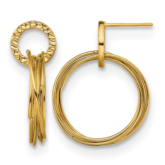 Chisel Stainless Steel Polished and Textured Yellow IP-plated Circles Post Dangle Shepherd Hook Earrings