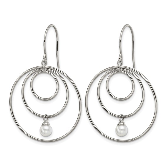 Chisel Stainless Steel Polished with Simulated Pearl Dangle Shepherd Hook Earrings