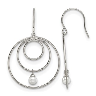 Chisel Stainless Steel Polished with Simulated Pearl Dangle Shepherd Hook Earrings