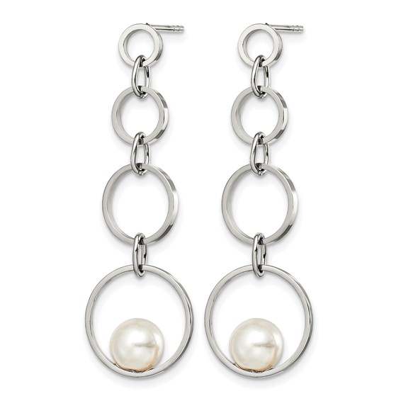 Stainless Steel Polished with Simulated Pearl Post Dangle Earrings