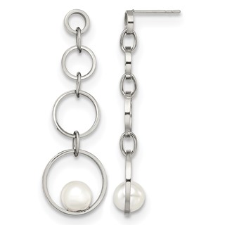 Stainless Steel Polished with Simulated Pearl Post Dangle Earrings