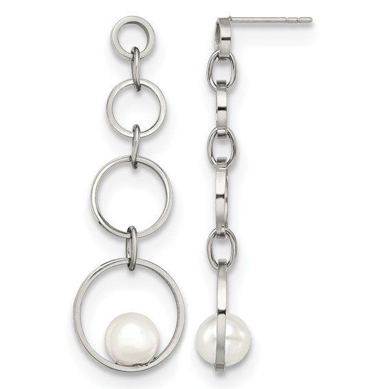 Stainless Steel Polished with Simulated Pearl Post Dangle Earrings