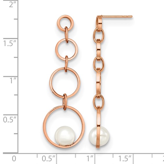 Stainless Steel Polished Rose IP-plated Simulated Pearl Post Dangle Earring