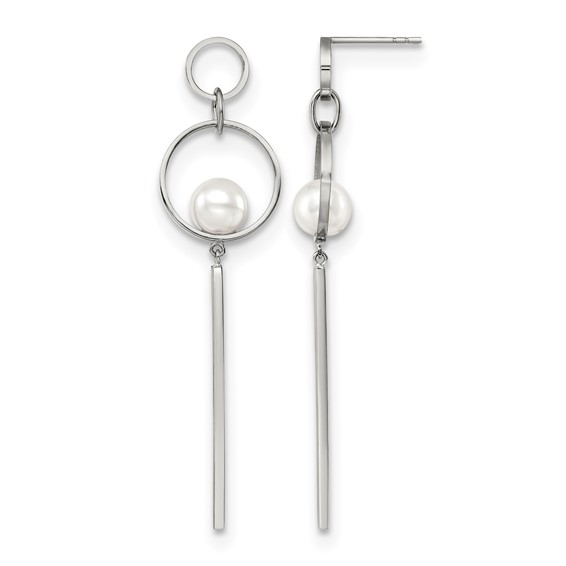 Chisel Stainless Steel Polished with Simulated Pearl Post Dangle Earrings