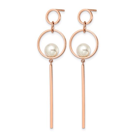 Chisel Stainless Steel Polished Rose IP-plated Simulated Pearl Post Dangle Earring