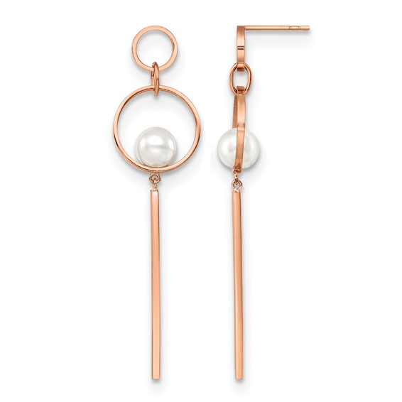 Chisel Stainless Steel Polished Rose IP-plated Simulated Pearl Post Dangle Earring