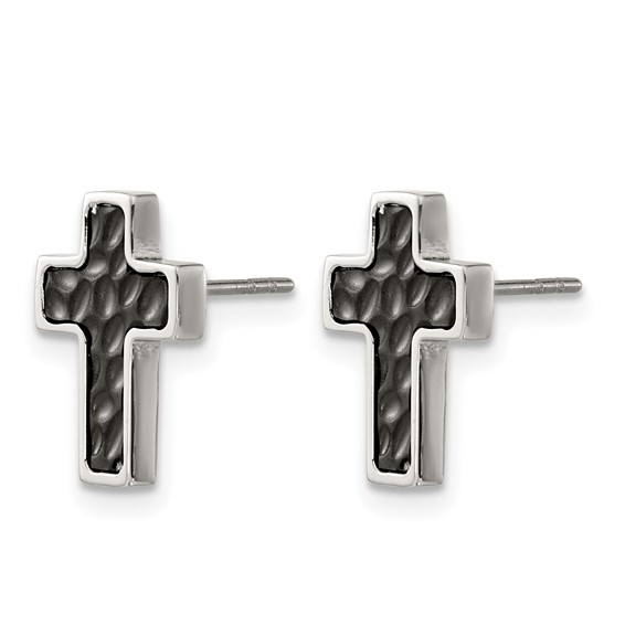 Chisel Stainless Steel Brushed Polished and Textured Black IP-plated Cross Post Earrings