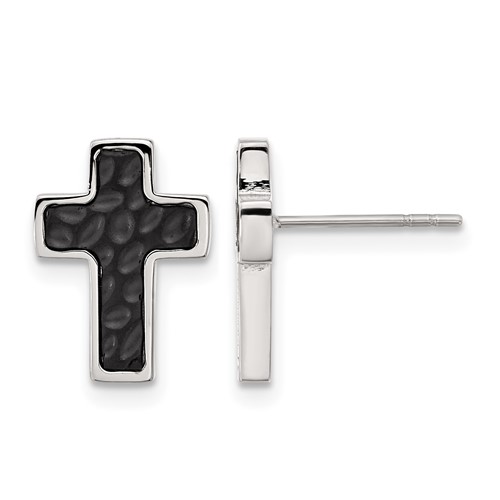 Chisel Stainless Steel Brushed Polished and Textured Black IP-plated Cross Post Earrings