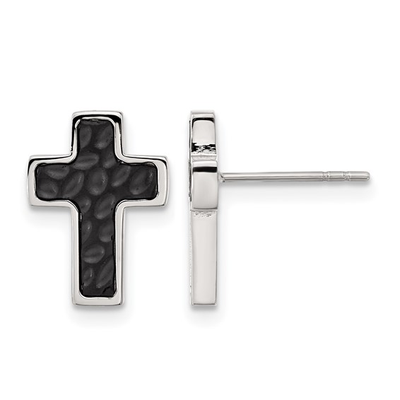 Chisel Stainless Steel Brushed Polished and Textured Black IP-plated Cross Post Earrings