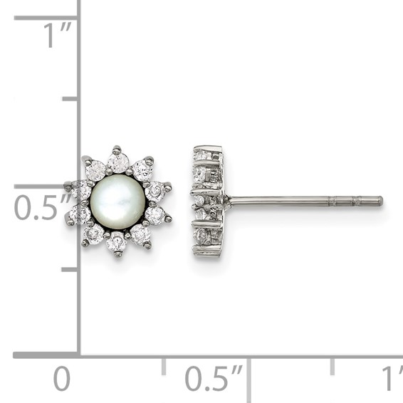 Chisel Stainless Steel Polished Mother of Pearl and CZ Post Earrings