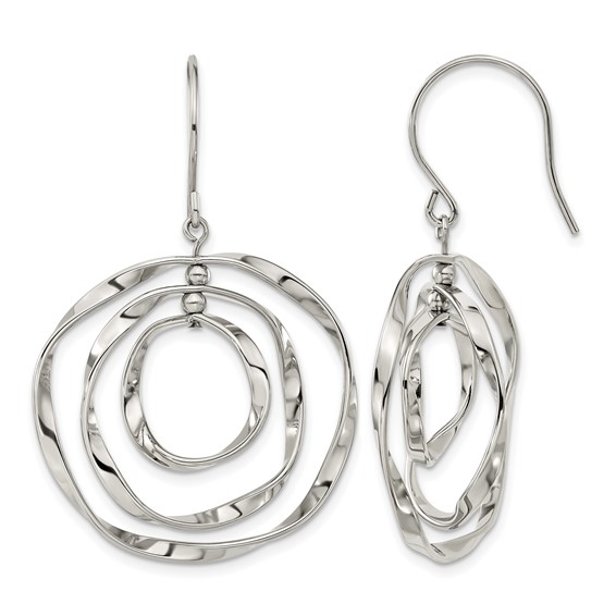 Chisel Stainless Steel Polished Wavy Circles Dangle Shepherd Hook Earrings