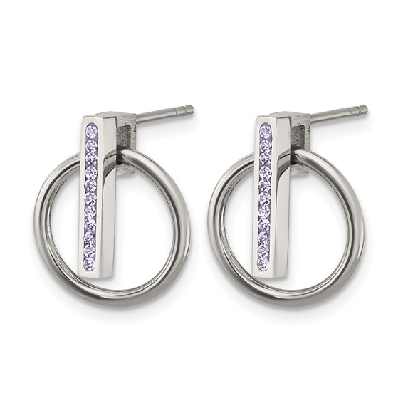 Chisel Stainless Steel Polished with Purple Preciosa Crystal Post Dangle Earrings