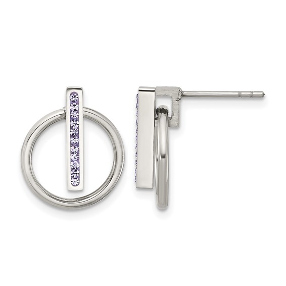 Chisel Stainless Steel Polished with Purple Preciosa Crystal Post Dangle Earrings