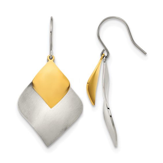 Chisel Stainless Steel Brushed and Polished Yellow IP-plated Dangle Shepherd Hook Earrings