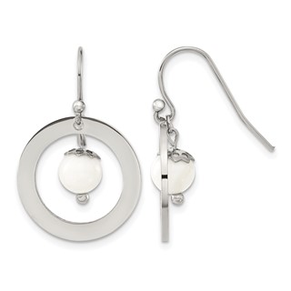 Chisel Stainless Steel Polished with Synthetic White Turquoise Dangle Shepherd Hook Earrings