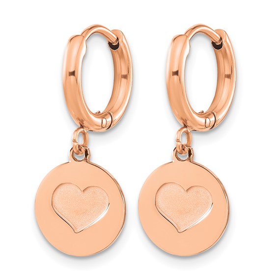 Chisel Stainless Steel Polished Rose IP-plated Heart Dangle Hoop Earrings