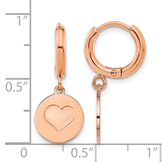 Chisel Stainless Steel Polished Rose IP-plated Heart Dangle Hoop Earrings