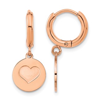 Chisel Stainless Steel Polished Rose IP-plated Heart Dangle Hoop Earrings