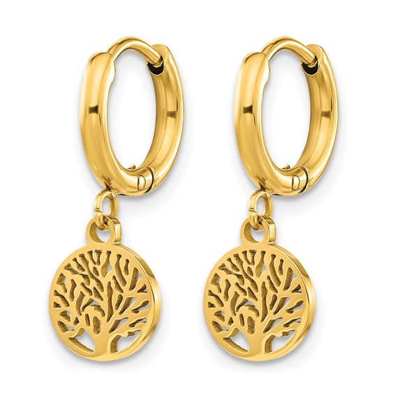 Chisel Stainless Steel Polished Yellow IP-plated Tree Dangle Hoop Earring