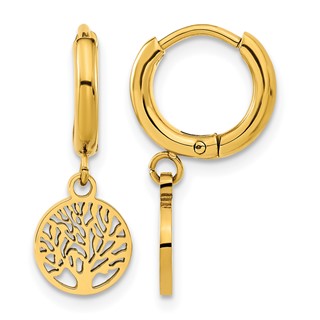 Chisel Stainless Steel Polished Yellow IP-plated Tree Dangle Hoop Earring