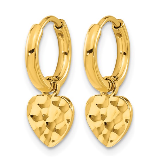 Chisel Stainless Steel Polished Hammered Yellow IP-plated Heart Dangle Hoop Earrings