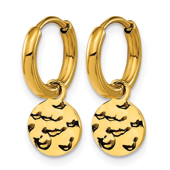 Chisel Stainless Steel Polished Hammered Yellow IP-plated Circle Dangle Hoop Earrings