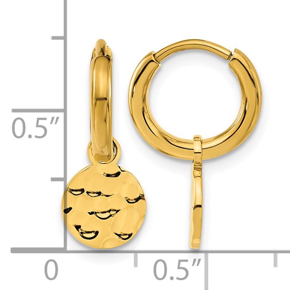 Chisel Stainless Steel Polished Hammered Yellow IP-plated Circle Dangle Hoop Earrings