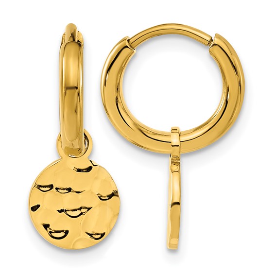 Chisel Stainless Steel Polished Hammered Yellow IP-plated Circle Dangle Hoop Earrings