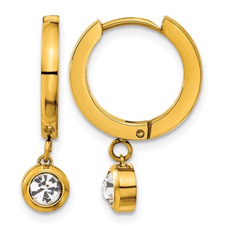 Chisel Stainless Steel Polished Yellow IP-plated CZ Dangle Hoop Earrings