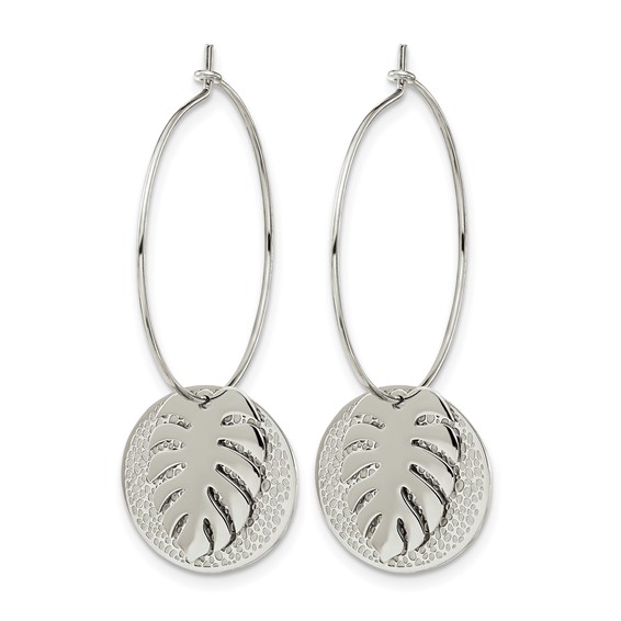 Chisel Stainless Steel Polished Textured Circle with Leaf Dangle Hoop Earrings
