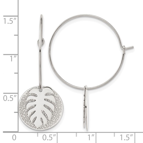 Chisel Stainless Steel Polished Textured Circle with Leaf Dangle Hoop Earrings