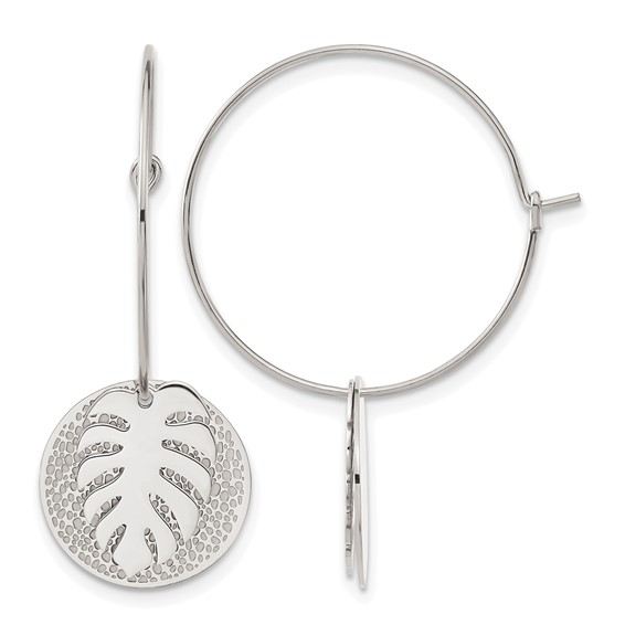Chisel Stainless Steel Polished Textured Circle with Leaf Dangle Hoop Earrings