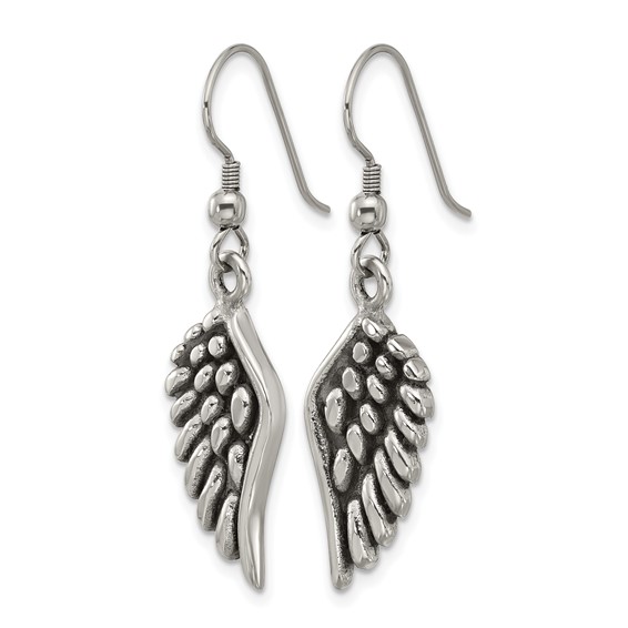 Chisel Stainless Steel Antiqued and Polished Angel Wing Shepherd Hook Earrings