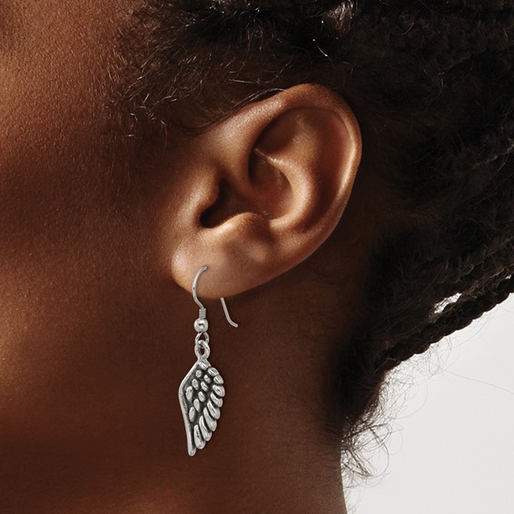 Chisel Stainless Steel Antiqued and Polished Angel Wing Shepherd Hook Earrings