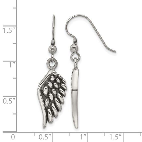 Chisel Stainless Steel Antiqued and Polished Angel Wing Shepherd Hook Earrings