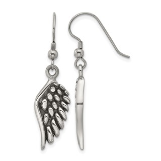 Chisel Stainless Steel Antiqued and Polished Angel Wing Shepherd Hook Earrings