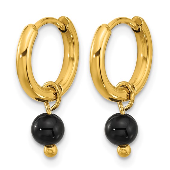 Chisel Stainless Steel Polished Yellow IP-plated with Removeable Black Agate Dangle Hinged Hoop Earrings