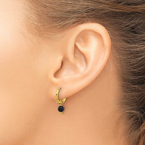 Chisel Stainless Steel Polished Yellow IP-plated with Removeable Black Agate Dangle Hinged Hoop Earrings