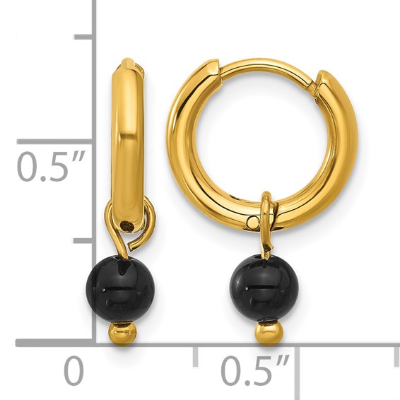 Chisel Stainless Steel Polished Yellow IP-plated with Removeable Black Agate Dangle Hinged Hoop Earrings