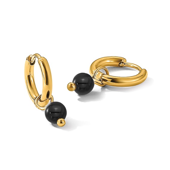 Chisel Stainless Steel Polished Yellow IP-plated with Removeable Black Agate Dangle Hinged Hoop Earrings