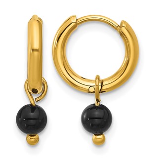 Chisel Stainless Steel Polished Yellow IP-plated with Removeable Black Agate Dangle Hinged Hoop Earrings