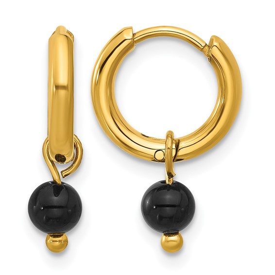 Chisel Stainless Steel Polished Yellow IP-plated with Removeable Black Agate Dangle Hinged Hoop Earrings