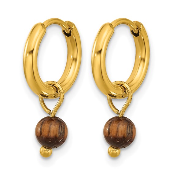 Chisel Stainless Steel Polished Yellow IP-plated with Removeable Tiger's Eye Dangle Hinged Hoop Earrings