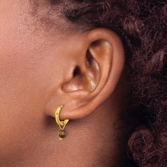 Chisel Stainless Steel Polished Yellow IP-plated with Removeable Tiger's Eye Dangle Hinged Hoop Earrings