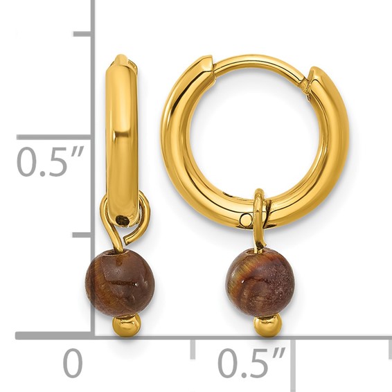 Chisel Stainless Steel Polished Yellow IP-plated with Removeable Tiger's Eye Dangle Hinged Hoop Earrings