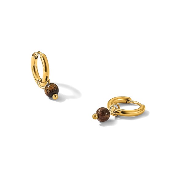 Chisel Stainless Steel Polished Yellow IP-plated with Removeable Tiger's Eye Dangle Hinged Hoop Earrings