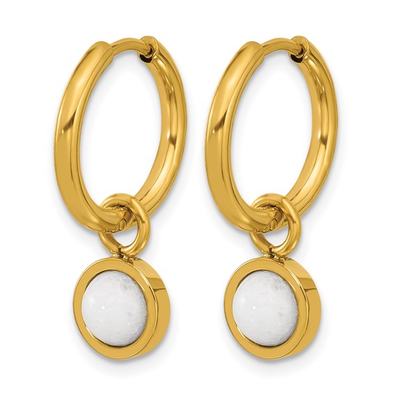 Chisel Stainless Steel Polished Yellow IP-plated with Removeable White Jade Dangle Hinged Hoop Earrings