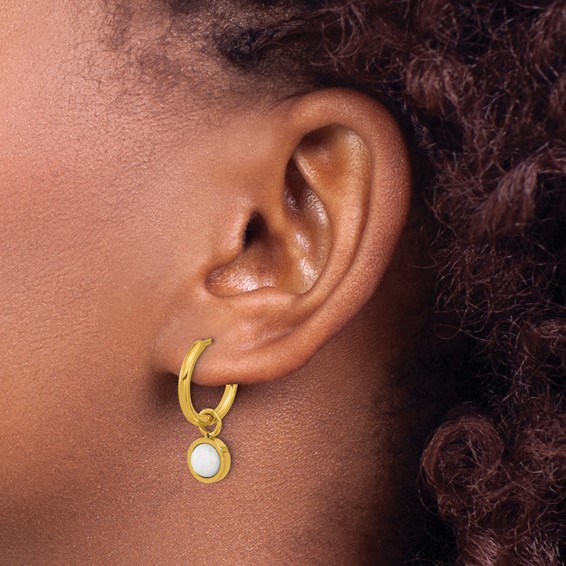 Chisel Stainless Steel Polished Yellow IP-plated with Removeable White Jade Dangle Hinged Hoop Earrings