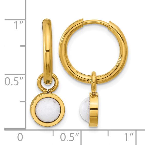 Chisel Stainless Steel Polished Yellow IP-plated with Removeable White Jade Dangle Hinged Hoop Earrings