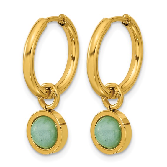 Chisel Stainless Steel Polished Yellow IP-plated with Removeable Green Jade Dangle Hinged Hoop Earrings